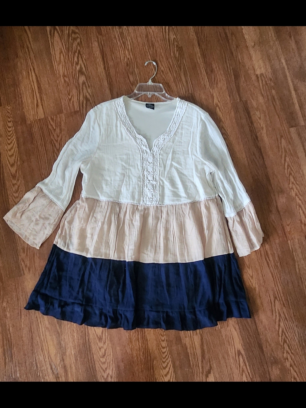 Boho Tiered Tunic Top - White, Beige & Navy